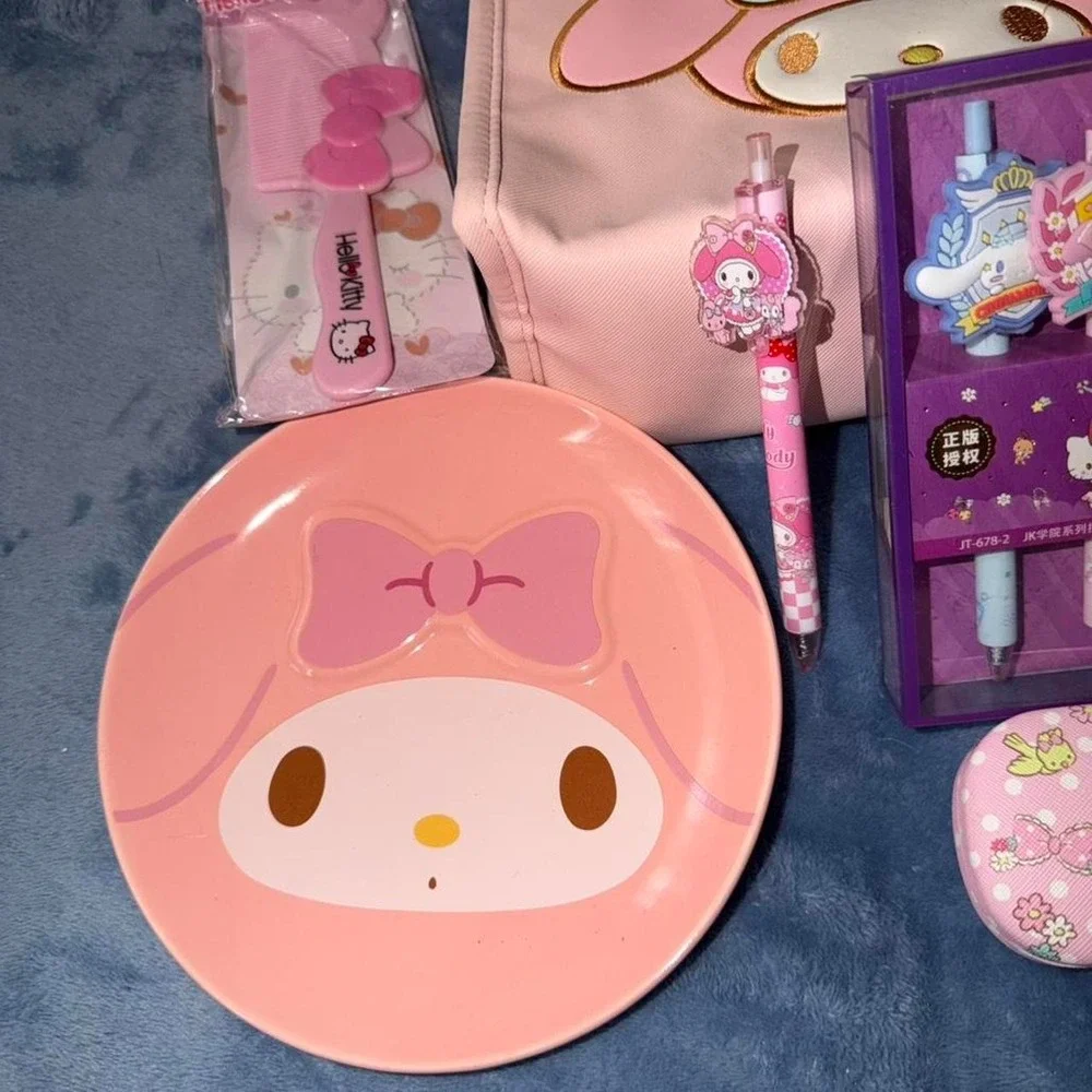 Sanrio My Melody pink lunch bag, plate, pen set, and glasses case